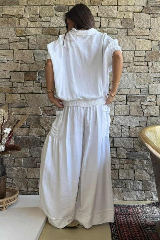Basso Button Drape Cap Sleeve Shirt White